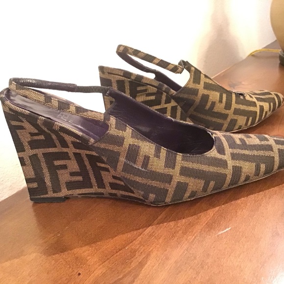 Authentic Fendi Canvas Wedge Slingback Heels - Picture 6 of 10